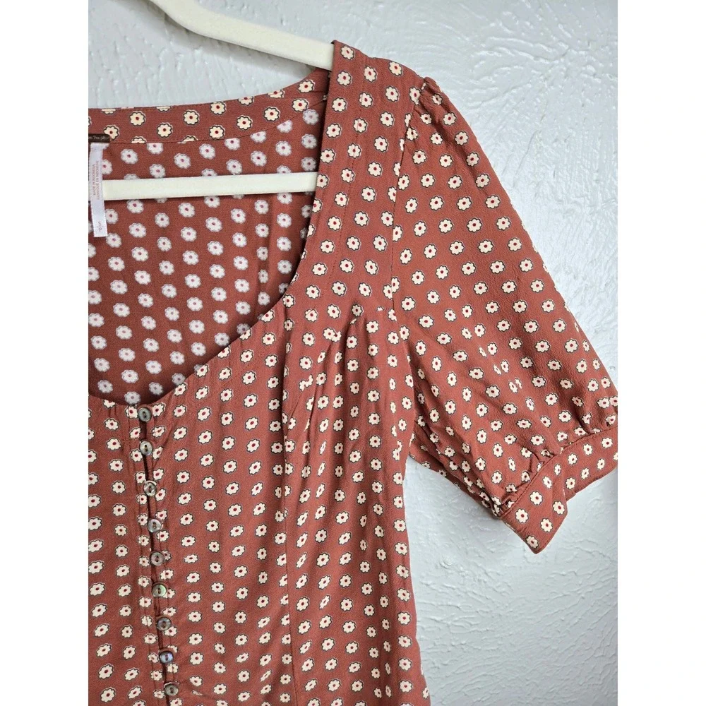 Free People Floral Button Front Blouse Small Brown Short Sleeve Boho Cottage Top